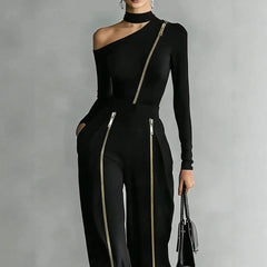 Women's Two-piece Slim-fit Long-sleeved Double-zipper Wide-leg Pant 2026 Spring Elegant Fashion Stand-up Collar Solid Color Suit