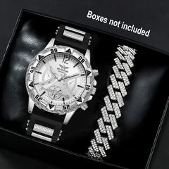 Business 2PCS Men's Fashion casual Luxury Silicone Band Diamond Quartz Bracelet Wrist Watch set（Box Not Included ）