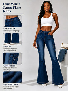 Women's High-quality Stretch Vintage Washed Cargo Flare Jeans, Y2K Style, Casual and Versatile, Suitable for All Seasons