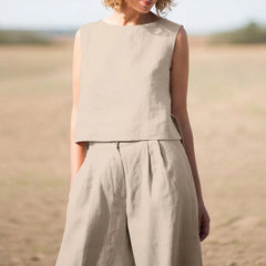 Summer Cotton And Linen Casual Outfits Female Fashion Solid Color Two-piece Set For Women Sleeveless Top Trousers Women's Suit
