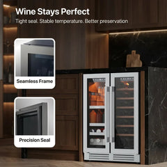 24 Inch Dual Zone Beverage Wine Fridge 60 Can 21 Bottle Glass Door  Built-In Digital Touch Control Home Office Bar