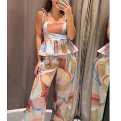 Women's Printed Pants Set 2026 New Lace Trim Lace-up Sexy Tops Mid-waist Wide-leg Pants Casual Fashion Female 2 Piece Sets