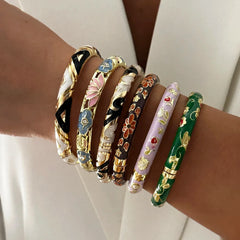 Elegant Enamel Dropped Glaze Flower Texture Bracelet For Women Retro Gold Plated Evil Eye Floral Zircon Bangle Party Jewelry