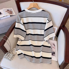 Women Plus Size Summer Regular Short Sleeve Suits Casual Strecth Cute Outfits Women Stripe O Neck Loose Two Piece Shorts Sets