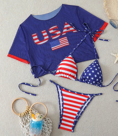 Sexy Thong Bikini 2026 Women USA Flag Print Bikinis Short Sleeve Three-pieces Split Bathing Suit Summer Swimsuit Beachwear