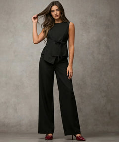 Women's Black Two Piece Set Sleeveless Round Neck Tie Asymmetric Hem Top Wide Leg Pants Set Spring Summer Office Elegant Outfit