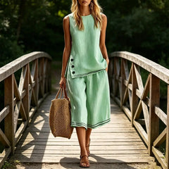 Women Two-Piece Set Soft Fabric Lounge Set Cotton Linen Sleeveless Vest ＆ Wide Leg Pants Suit Summer 2 Piece Sets Women Outfits