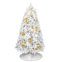 7.5FT White Pre‑lit Artificial Christmas Tree, Hinged Xmas Tree with 400 Warm White LED Lights Remote Control, 1600 Branch Tips with Tree Skirt Bow Gold Ornaments for Home Holiday Decor
