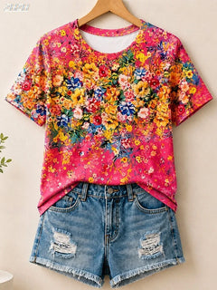 New Year Women's Summer Tops Floral Graphic Plants Elegant Vintage Stylish Short Sleeve Crew Neck Round Neck Long Tops Casual