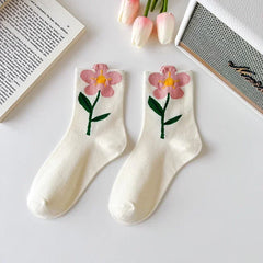 New Style Crew Socks for Women Spring Fashion Cute Flower Long Cotton Socks Japanese Style Breathable Casual Trendy Absorb Sweat