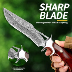 A Large Damascus Handmade Forged Knife - Fixed Blade, Wooden Handle