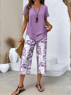 Lady Summer Casual Cropped Pants Two-piece Set Fashion Solid Color Top+printed Pants Suit Women's Irregular Hem Tops Outfit