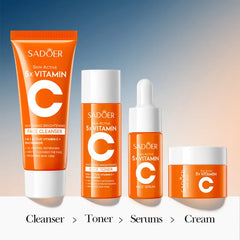 4pcs/box SADOER 5x Vitamin C Kit Whitening Moisturizing Travel Set(Facial Cleanser, Toner, Serum, Face Cream）