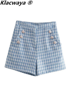 Klacwaya Blazer Women Shorts Sets Woman 2 Pieces Chic Office Lady Suit Skirt And Jacket Plaid Female Suits