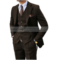 3 Pieces Men's Suits Tweed Herringbone Slim Fit Business Cauasl