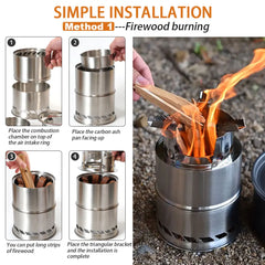 Outdoor Camping Portable Wood Stove Stainless Steel Double-Layer Heat-Concentrating Split Stackable Picnic Backpack Stove