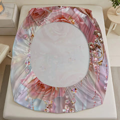 1pc 3D Pink Roses with Crystal Bead Print Fitted Sheet Deep Pocket