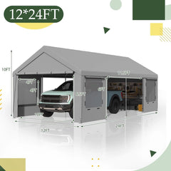 Heavy Duty Carport,Roll-Up Windows,Removable Sidewalls,Portable Garage & Car Canopy,12'x24', Custom
