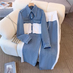 Blue Patchwork Pants Sets Women Fashion Long Sleeve Single-Breasted