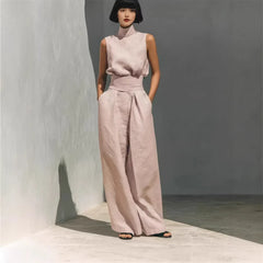 Women 2 Piece Outfit, Sleeveless High Neck Blouse & High Waist Wide