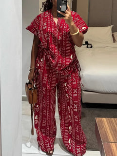 New Fashion Printed Two-piece Set Women's Loose Casual Short-sleeved Drawstring Waist Slimming V-neck Shirt Wide-leg Pants Sets
