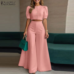 ZANZEA Plus Size 5XL Women 2-Piece Pant Sets Puff Sleeve Crop Top & Wide Leg Pant Matching Sets Elegant Chic Streetwear Co-ords