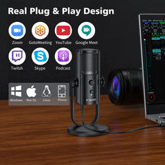 USB Microphone for PC Mac Gaming Recording Stream Podcast, Computer Condenser Mic with Phone Adapter Headphone Output
