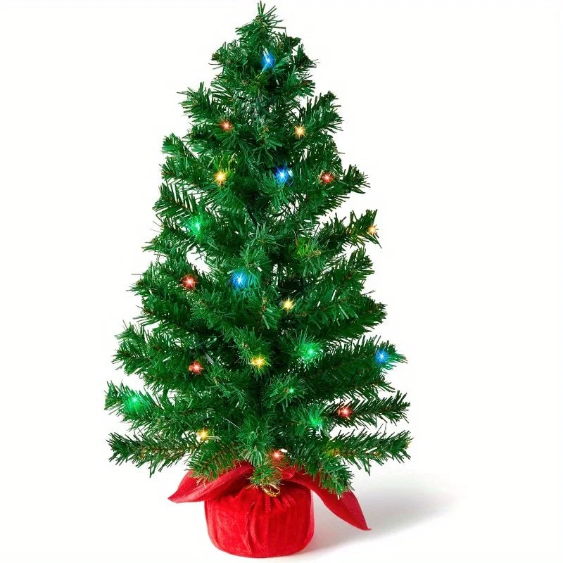 24''/2FT Small Tabletop Christmas Tree with Multi-Color LED Lights Table Top Christmas Decorations Pre-lit Artificial Green Mini Lighted Tree for Xmas Decorations Indoor Party Decor