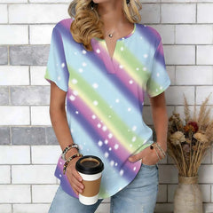 Women Print Notched V Neck Short Sleeve Casual Loose Tunic Tops