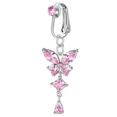 Clip On Belly Button Ring Butterfly Copper Zircon Pink Fake Belly Piercing Umbilical Navel Body Jewelry Trendy Fashion Style