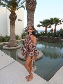 Y2k Mixed Leopard Zebra Two Piece Set Tie Halter Cut Out Shoulder Flared Sleeve Top High Cut Bodycon Shorts Sets Night Out Suit