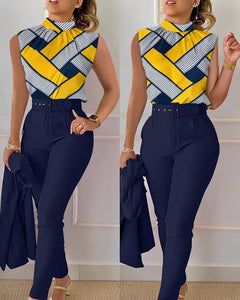 New Fashion Elegant Sleeveless Print High Waist With Belt Shirt And Pant Casual Fashion Two Piece Set