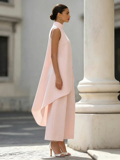 Sleeveless High Neck Jumpsuit With Asymmetric Draped Overlay Wide Leg Culottes Elegant Formal Evening Wear For Women
