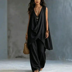 Fashion Summer Sexy Loose Solid color Linen 2 Piece Set Draped Sleeveless Top High Waist Wide Leg Pants Outfit Vacation Women