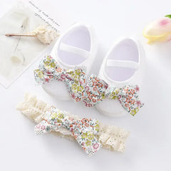 Spring Infant Baby Girl Shoes Newborn Lace Flowers Headband Anti-Slip Soft Sole First Walkers Toddler Kids Cotton Baptism Shoes