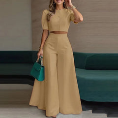 Elegant Solid Color 2 Piece Set 2026 Summer Short Sleeve Button-Down Crop Blouse Top+High Waist WideLeg Pants Set Casual Outfits