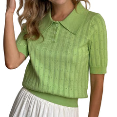 Elegant Women's Summer Hollow Out Knit Tops Short Sleeve Turn Down Collar Solid Color Cutout T-shirt