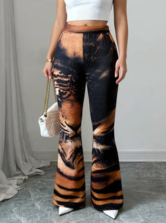 Women High Waist Tiger Print Flare Pants Vintage Animal Pattern Stretch Bell‑Bottom Trousers Club Party Streetwear Pants