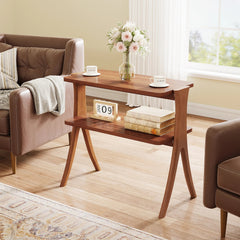 Tribesigns Walnut Side Table for Living Room, Narrow End Table with 2-Tier Storage Shelf and Solid Wood Legs, Slim Bedside Table