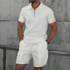 Men's Summer Waffle Short-Sleeve Suit Shorts Zip-Up Lapel Solid Color Two Sets Europe And US Style 2026