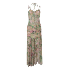 hirigin Women Sleeveless Corset Dress Y2K Floral Print Ruched Split Party Long Dress for Vacation Cocktail Beach Streetwear