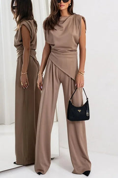 Summer Fashion Solid Two Piece Sets Women Elegant Slim Office Suit Casual Irregular Top And Wide Leg Pants 2 Piece Set Female