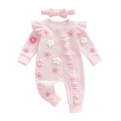 Citgeett Autumn Infant Baby Girl Fall Outfits Long Sleeve Flower Ruffle Jumpsuit Zipper Jumpsuit Headband Clothes Set