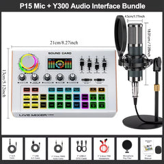 Tenlamp Y300-P15B Professional Podcast Equipment Bundle Kit for 4 People, Studio Sound Card with 3.5mm Condenser Mic  for PC Smartphone Laptop Computer , Live Audio Mixer Voice Changer for Streaming Singing Gaming Recording V