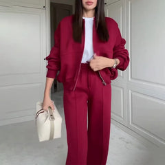 Fashion Women's Suit Zipper Trousers Round Neck Sweatshirt Wide Leg Trousers 2 Piece Set Conjuntos De Pantalón Fall Clothes 2025