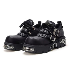 Platform Metal Punk Flats Cross Tied Buckle Single Shoes Zip Round Toe Gothic Runway Casual Women Shoes Goth Black Chunky