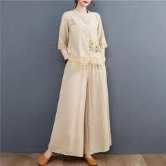 Spring Summer Women Leisure Pants 2PCS Middle Aged Mother Cotton Linen Suit 2026 Female Embroidery Two-piece Set Large Size 5XL