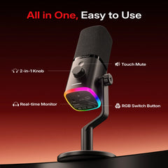 MAONO PD100W Wireless USB Dynamic Microphone Cardioid Microphone One-Touch Mute Noise Reduction RGB for PC Gaming Live Streaming