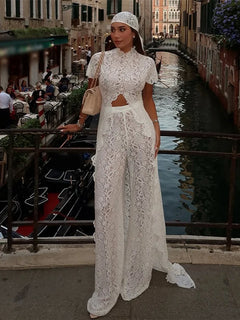 Solid Lace Two Piece Set Round Neck Short Sleeve Cutout Crop Top High Waist Wide Leg Pants 2026 Summer Elegant Party Outfits