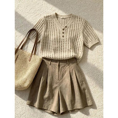 Elegant Casual 2 Piece Set 2026 Women Crochet Knit V Neck Button Short Sleeve Top High Waist Tailored Shorts Daily Summer Outfit